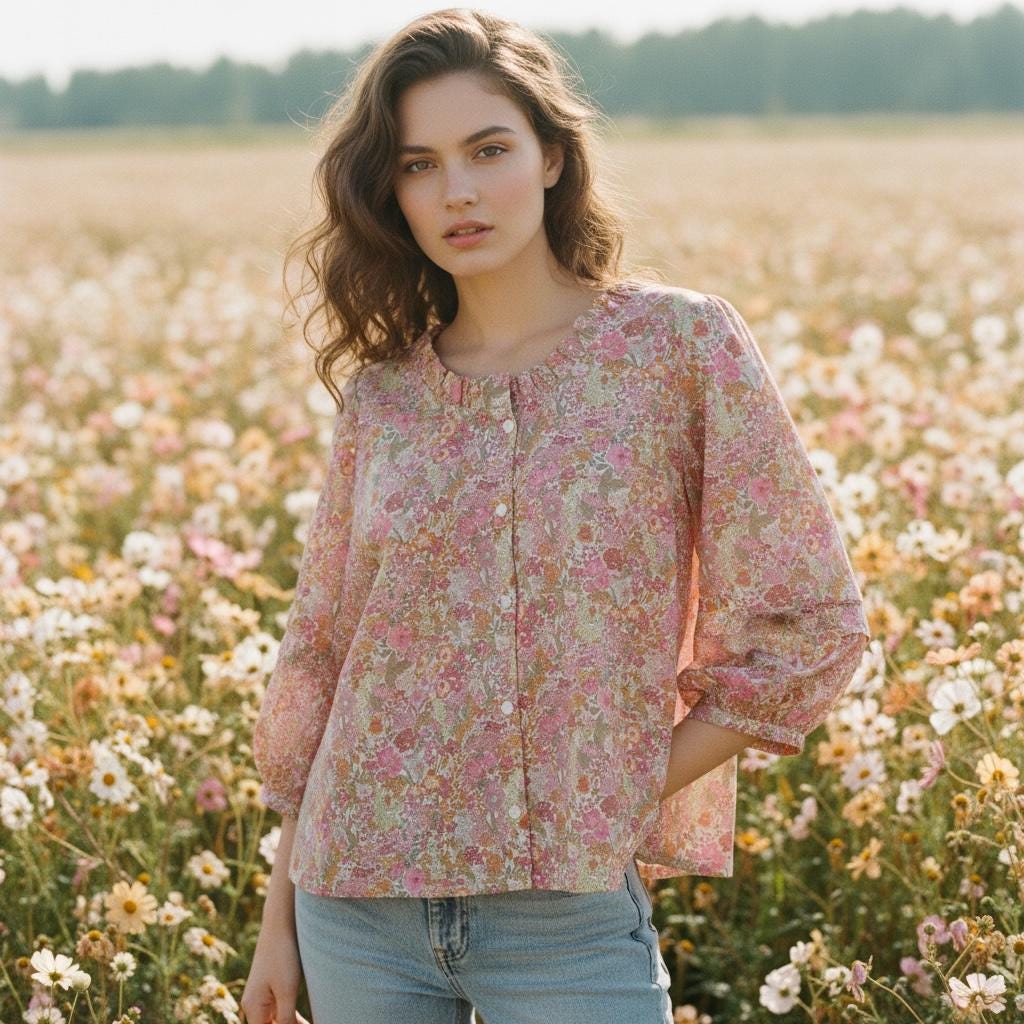 Ruffle Collar Liberty Floral Print Top: 3/4 Sleeves blouse, Button Through Scoop Neck