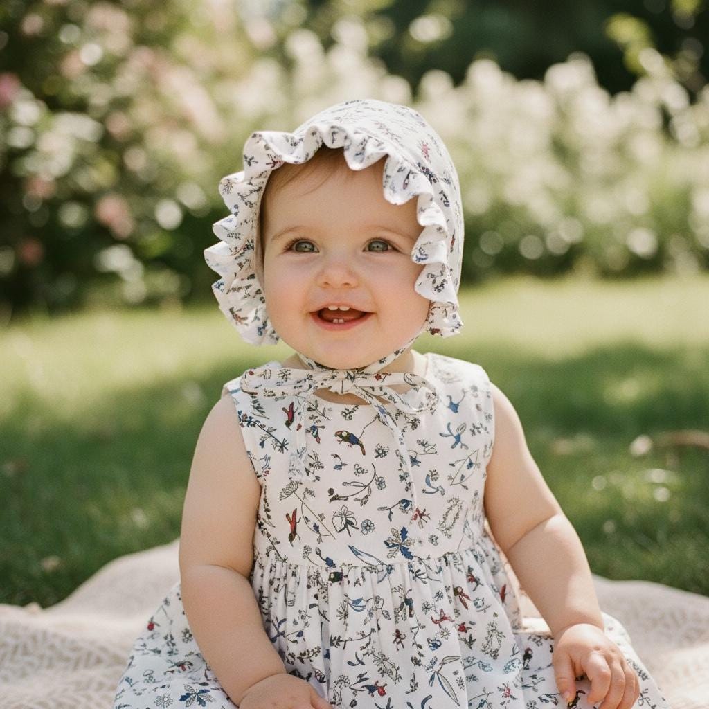 Liberty London Baby Bonnet, Floral Cotton Ruffle Sun Hat, Reversible Brimmed Hood