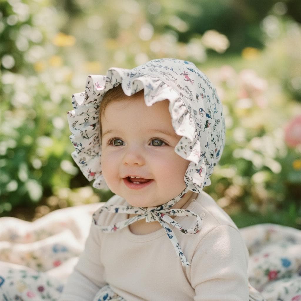 Liberty London Baby Bonnet, Floral Cotton Ruffle Sun Hat, Reversible Brimmed Hood