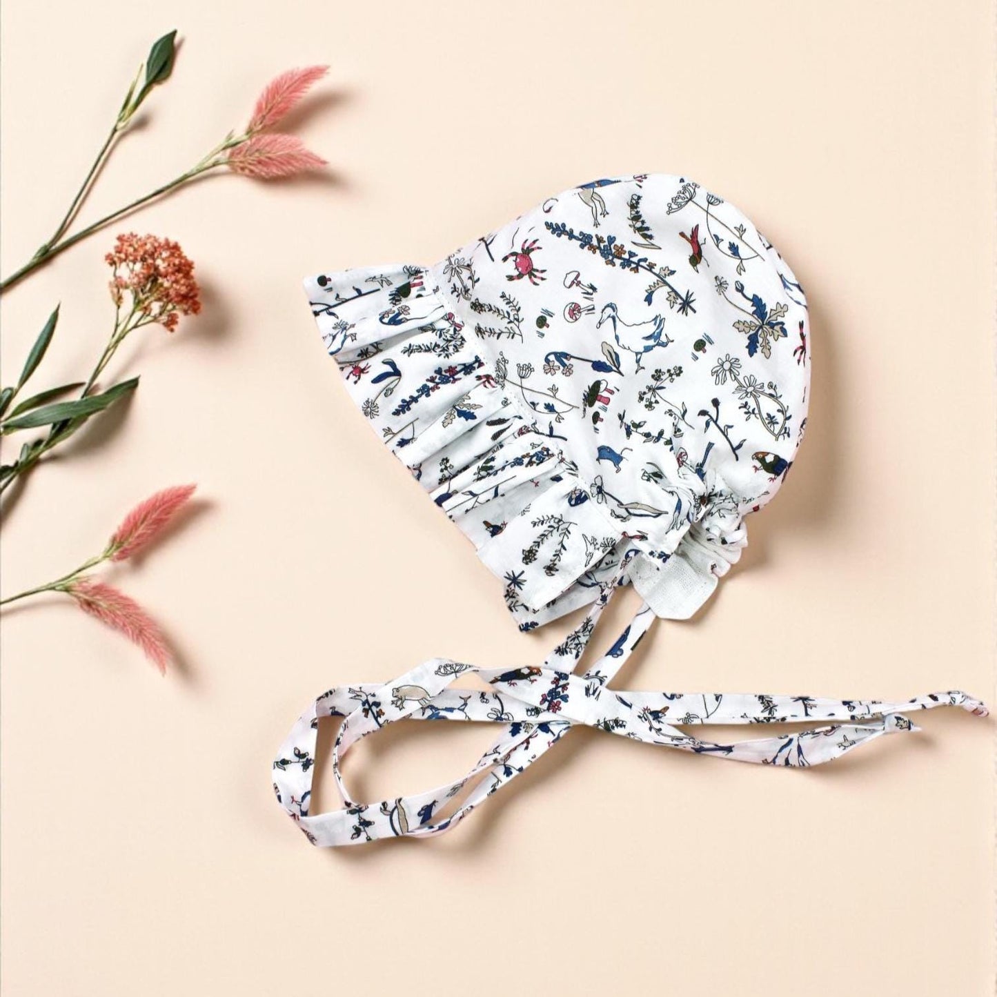 Liberty London Baby Bonnet, Floral Cotton Ruffle Sun Hat, Reversible Brimmed Hood