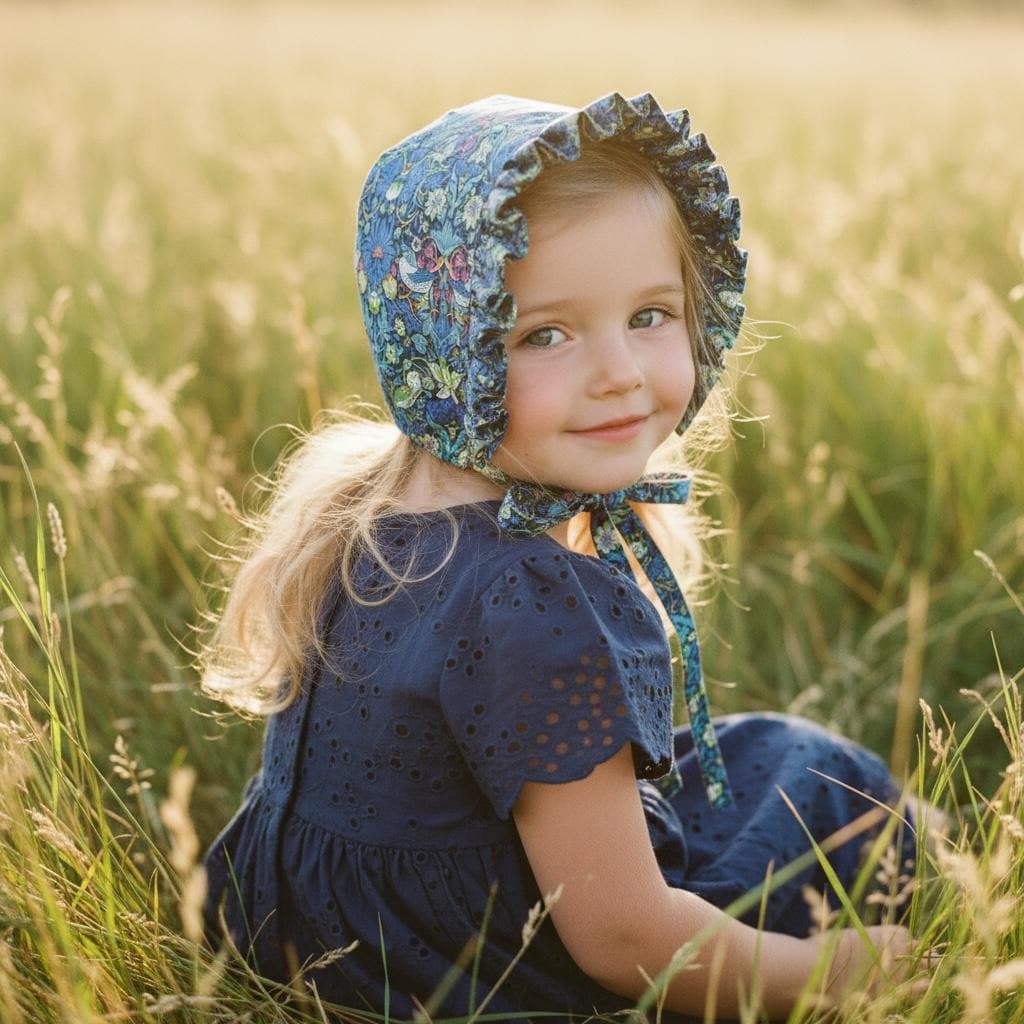 Liberty London Cotton Baby Bonnet, Strawberry Thief Print, Ruffle Brim