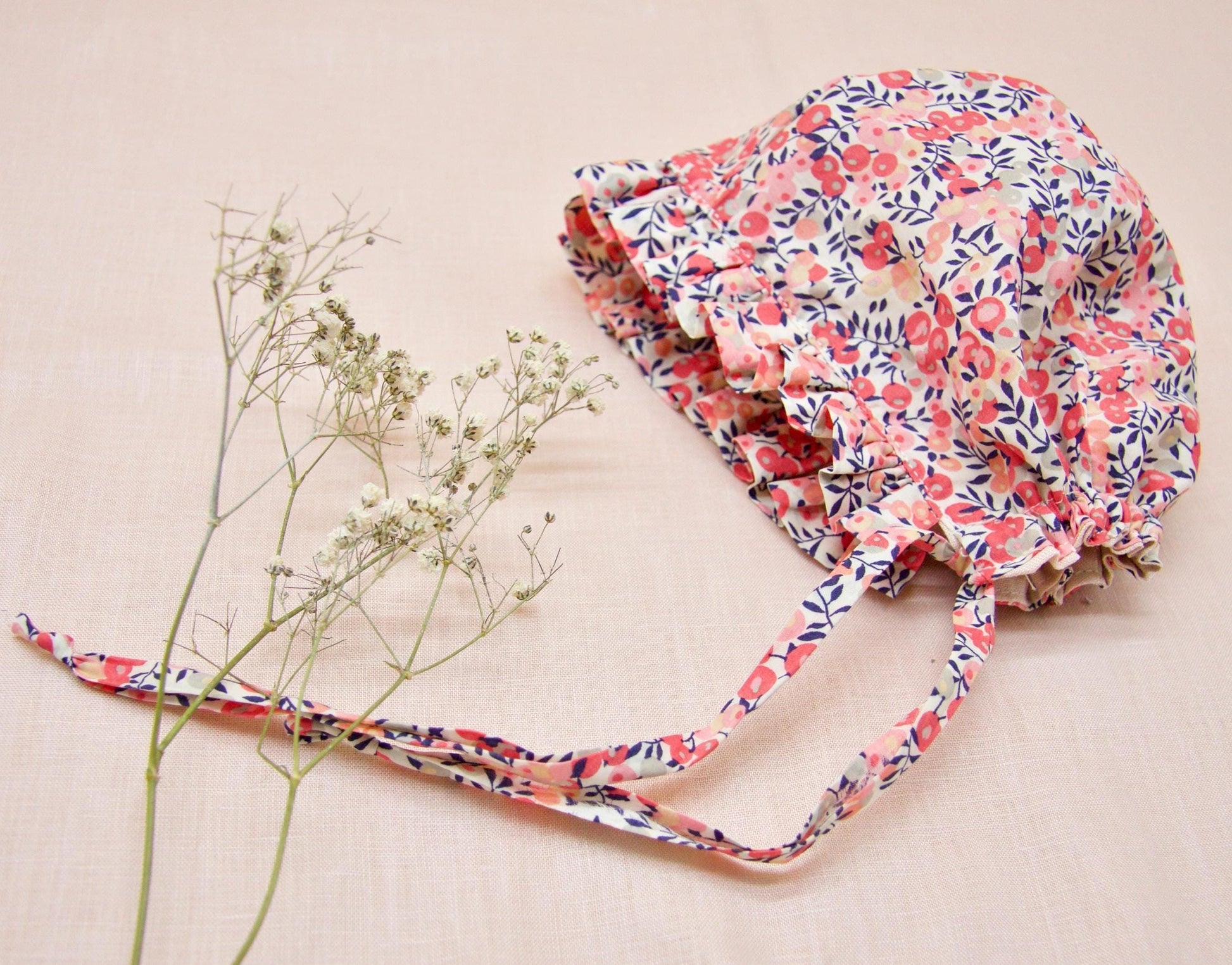 Pink Floral Liberty London Bonnet, Ruffle Brim Sun Hat