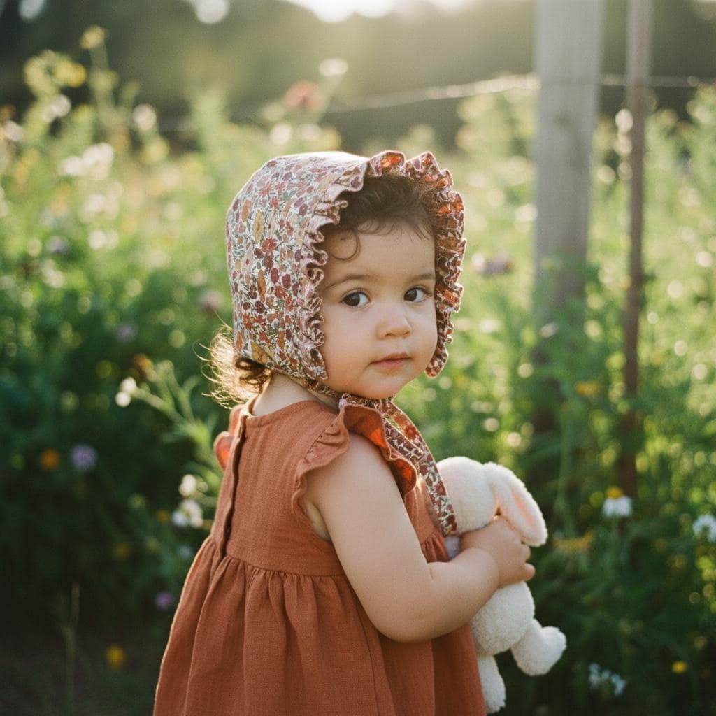 Liberty London Ditsy Floral Print Ruffle Brim Bonnet, Handmade Rust Mustard Cotton Sun Hat