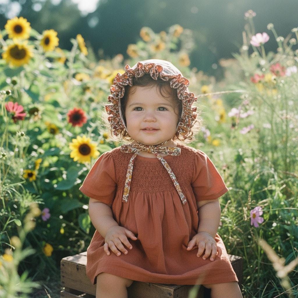 Liberty London Ditsy Floral Print Ruffle Brim Bonnet, Handmade Rust Mustard Cotton Sun Hat