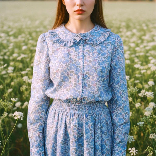 Liberty London Peter Pan Ruffle Collar Shirt: Long Sleeve Handmade Blouse, Ditsy Floral Top