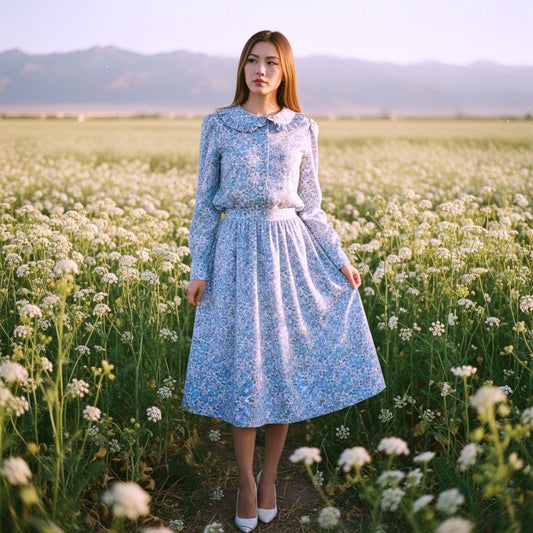 Liberty London Woman Midi Skirt: Elastic Waist Flare Skirt, Ditsy Botanical Floral Print