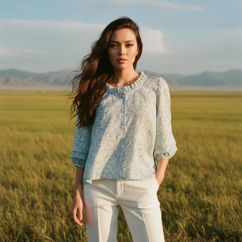 Ruffle Collar Liberty Floral Print Top: 3/4 Sleeves blouse, Button Through Scoop Neck