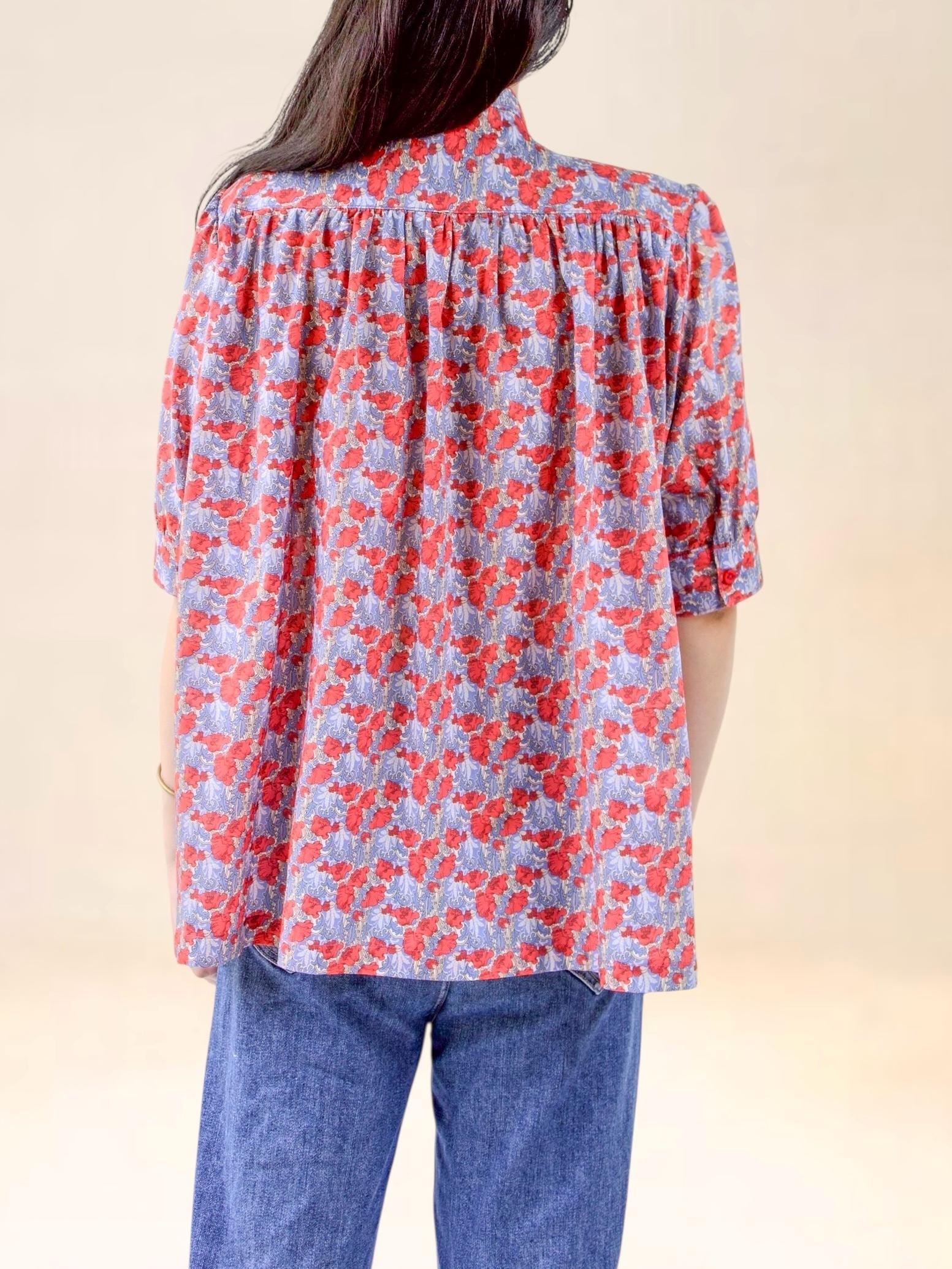 Liberty Mandarin Collar Gather Blouse: Ditsy Floral Print, Botanical Short Sleeve Shirt