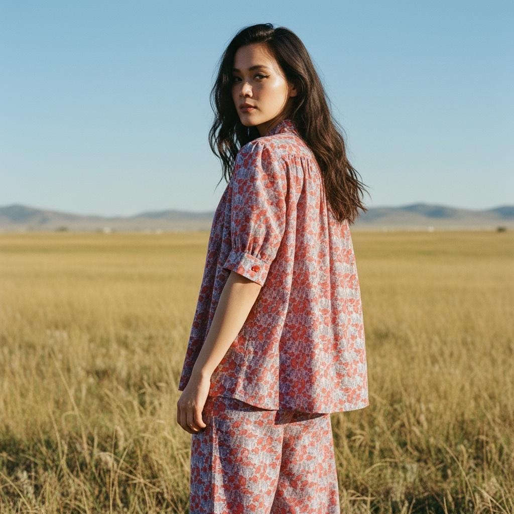 Liberty Mandarin Collar Gather Blouse: Ditsy Floral Print, Botanical Short Sleeve Shirt