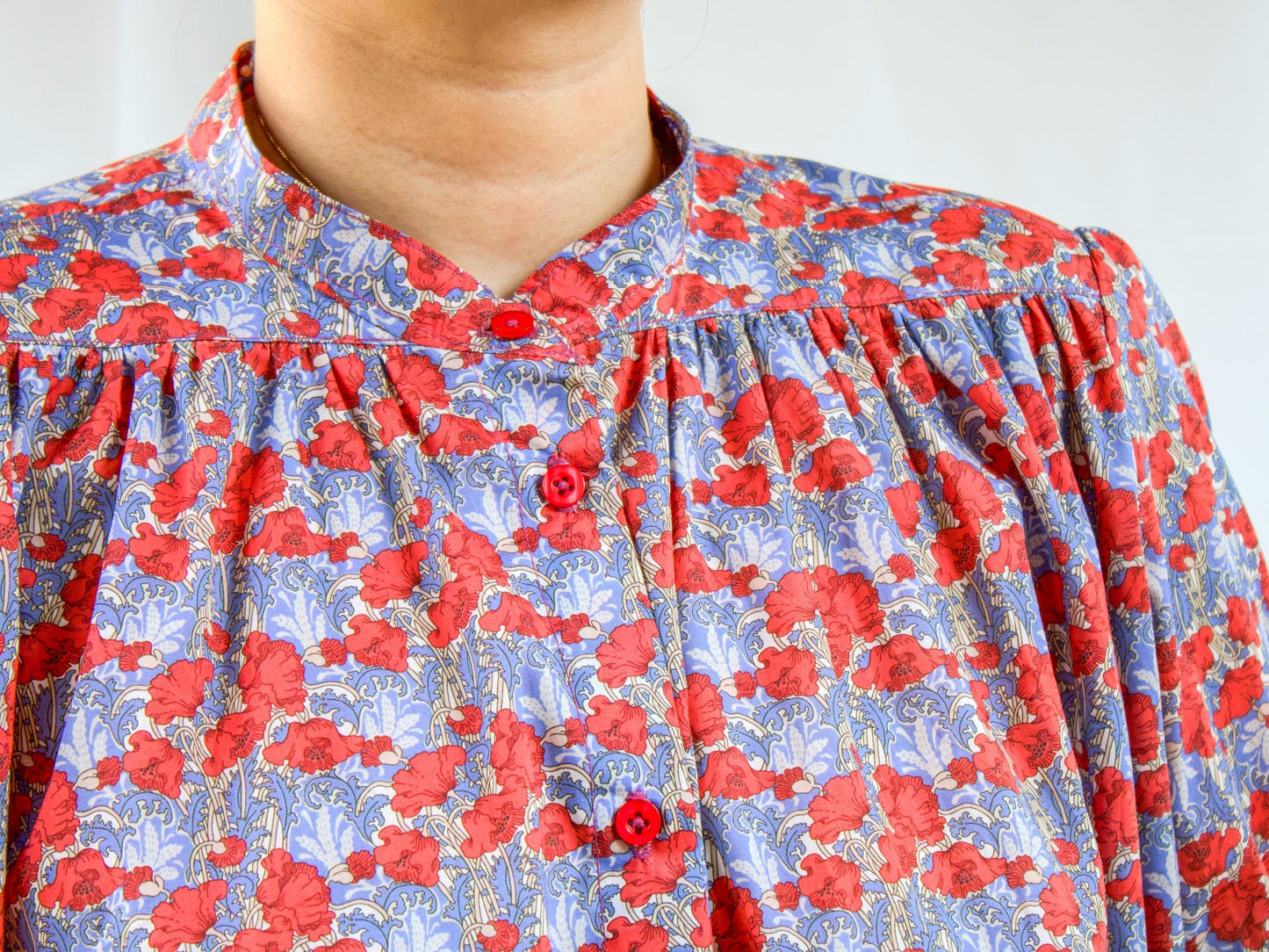 Liberty Mandarin Collar Gather Blouse: Ditsy Floral Print, Botanical Short Sleeve Shirt
