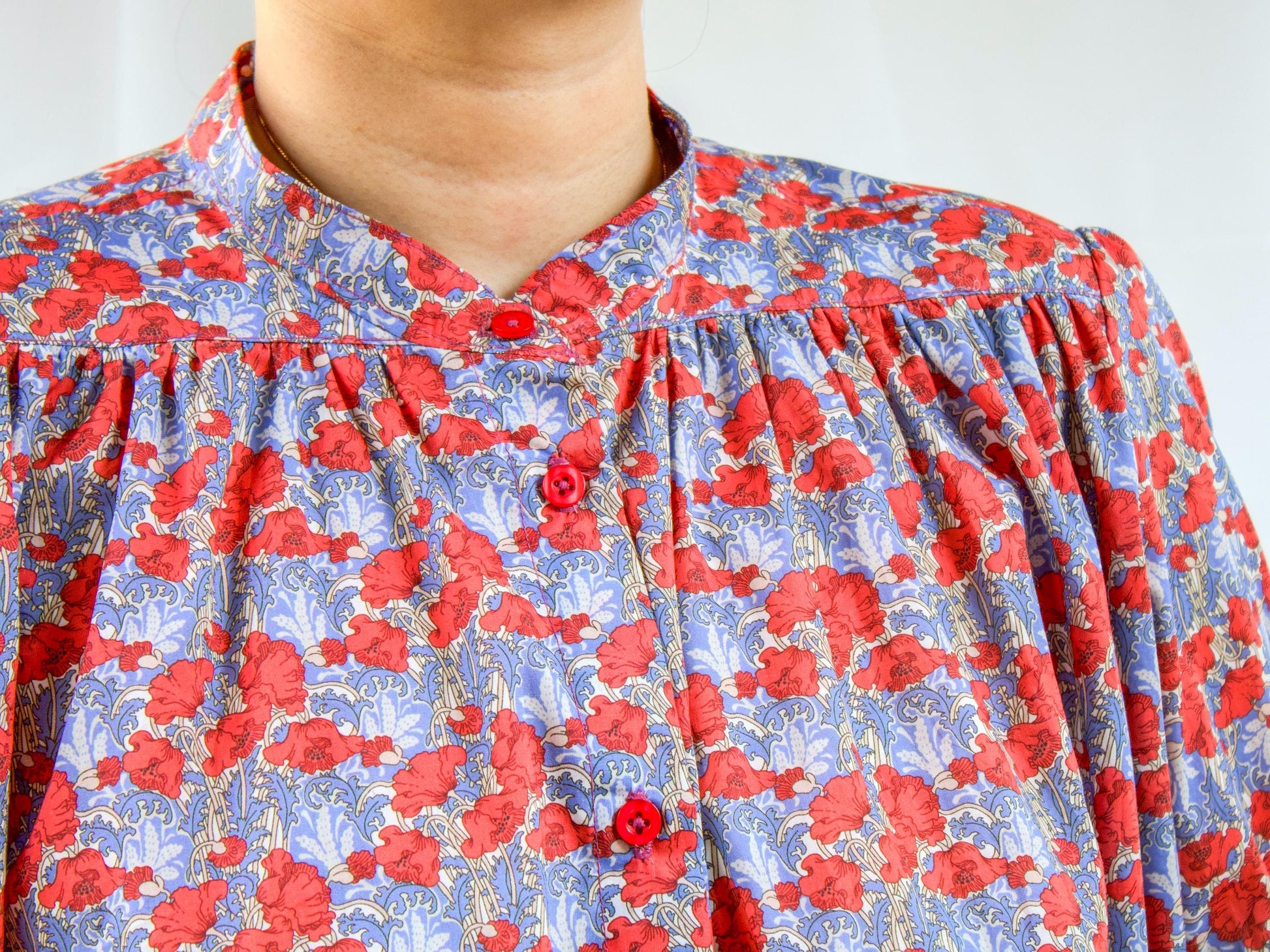 Liberty Mandarin Collar Gather Blouse: Ditsy Floral Print, Botanical Short Sleeve Shirt