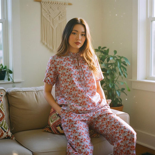 Liberty London Floral Cotton Pajama Set, Handmade Ruffle Collar Loungewear