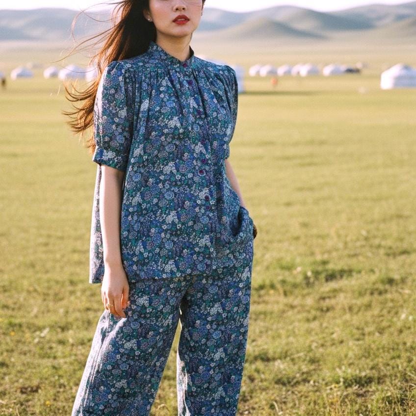 Liberty Mandarin Collar Gather Blouse: Ditsy Floral Print, Botanical Short Sleeve Shirt