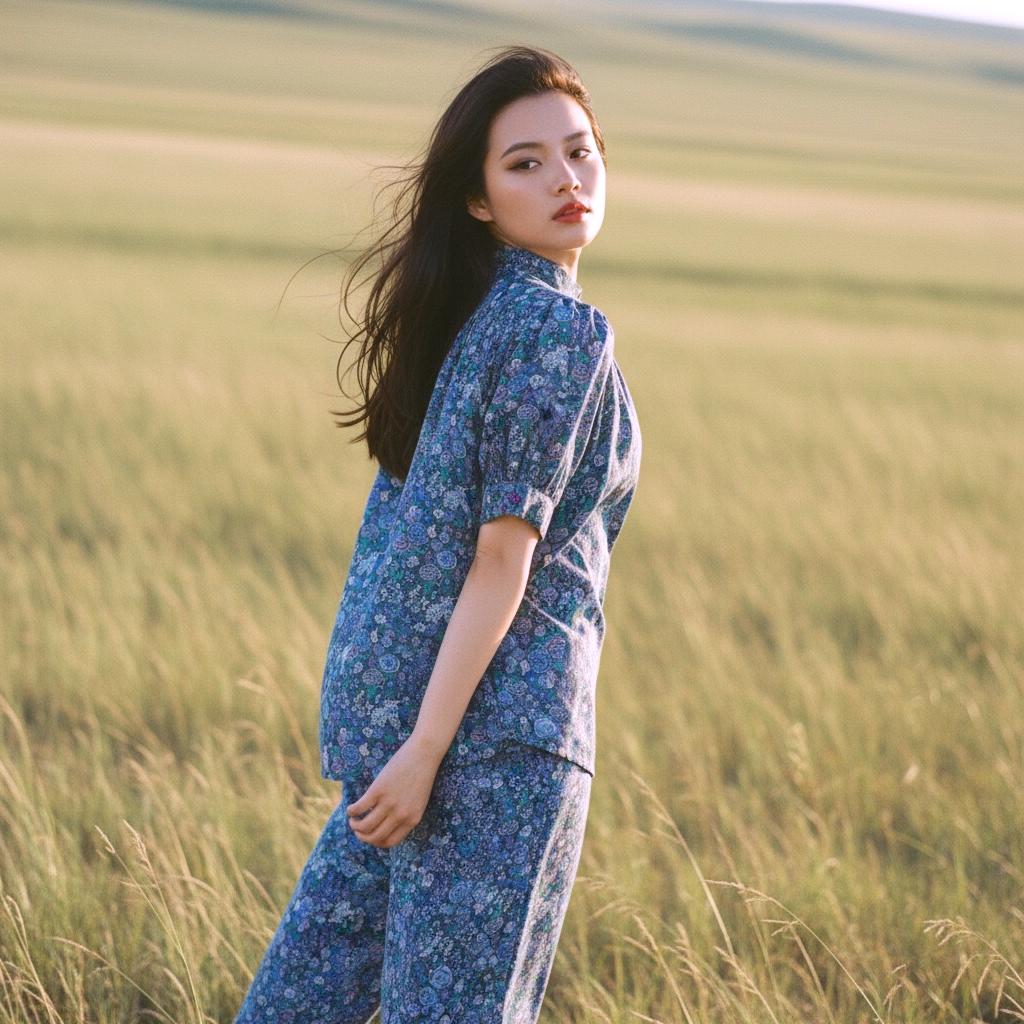 Liberty Mandarin Collar Gather Blouse: Ditsy Floral Print, Botanical Short Sleeve Shirt