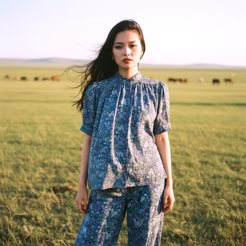 Liberty Mandarin Collar Gather Blouse: Ditsy Floral Print, Botanical Short Sleeve Shirt