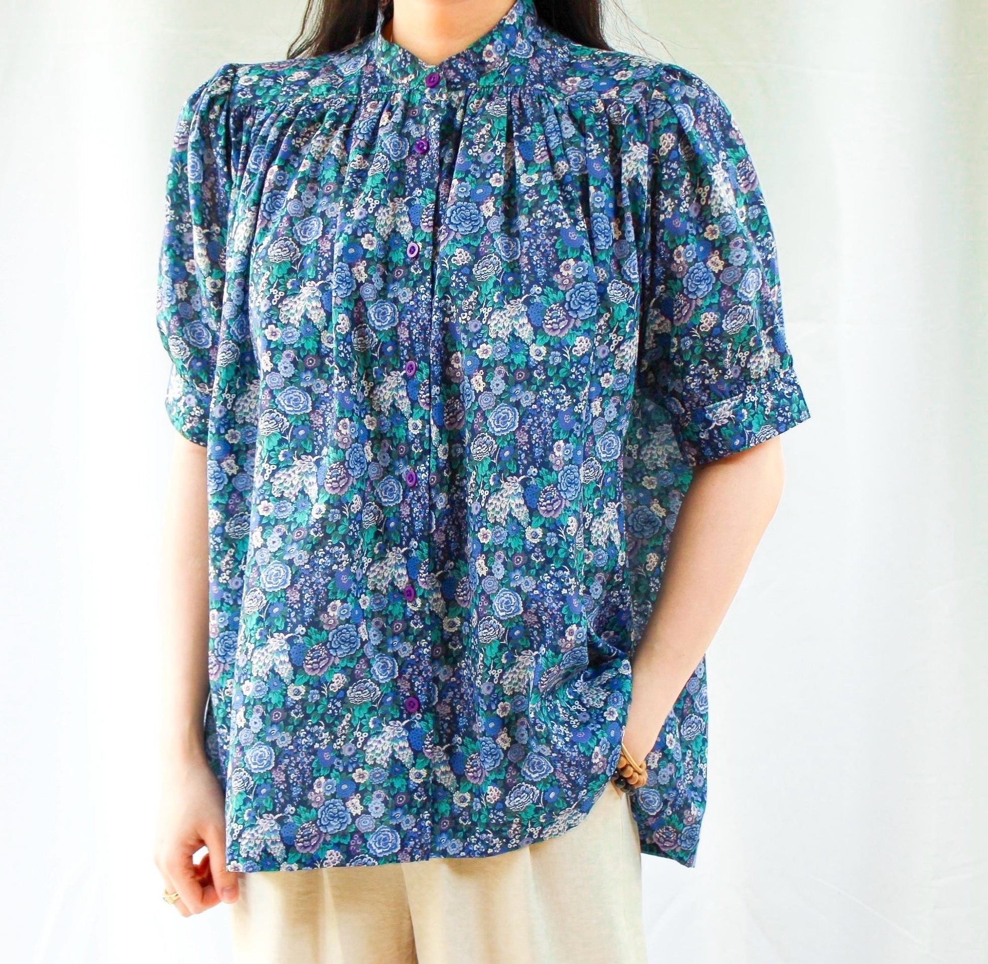 Liberty Mandarin Collar Gather Blouse: Ditsy Floral Print, Botanical Short Sleeve Shirt