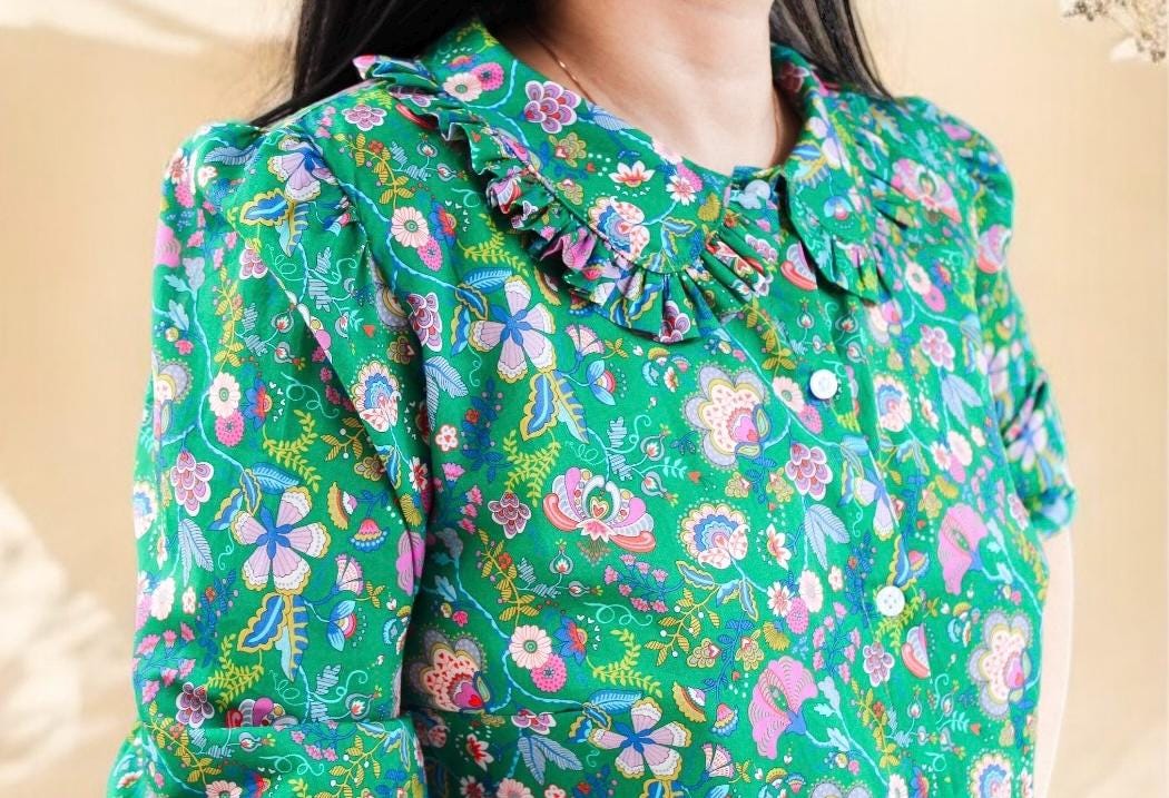 Liberty London Peter Pan Ruffle Collar Shirt: Long Sleeve Handmade Blouse, Ditsy Floral Top