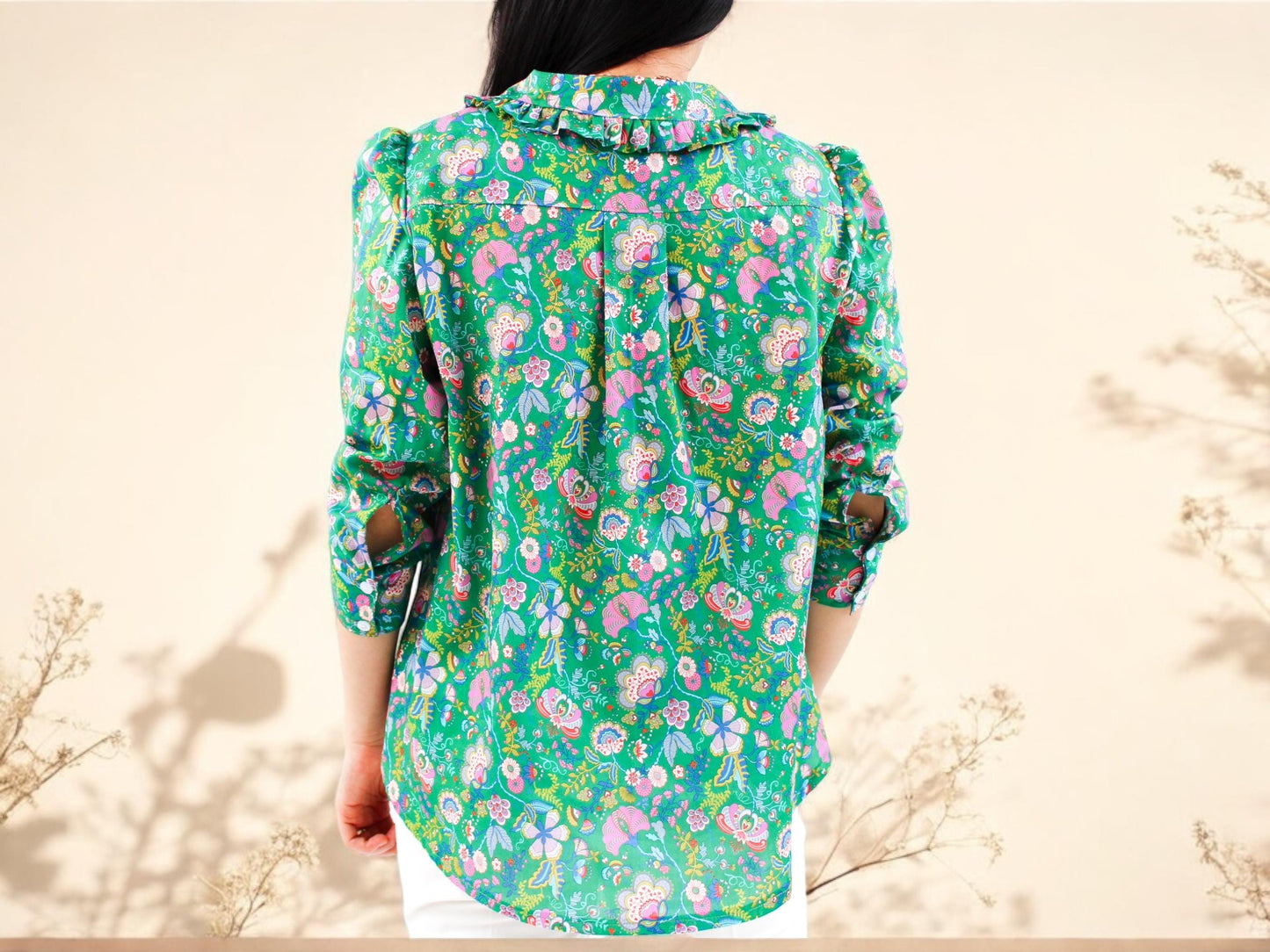 Liberty London Peter Pan Ruffle Collar Shirt: Long Sleeve Handmade Blouse, Ditsy Floral Top