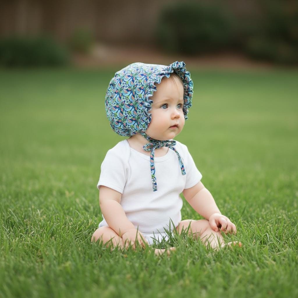 Liberty London Ruffle Brim Baby Bonnet, Strawberry Feast Print, Handmade Cotton Cap