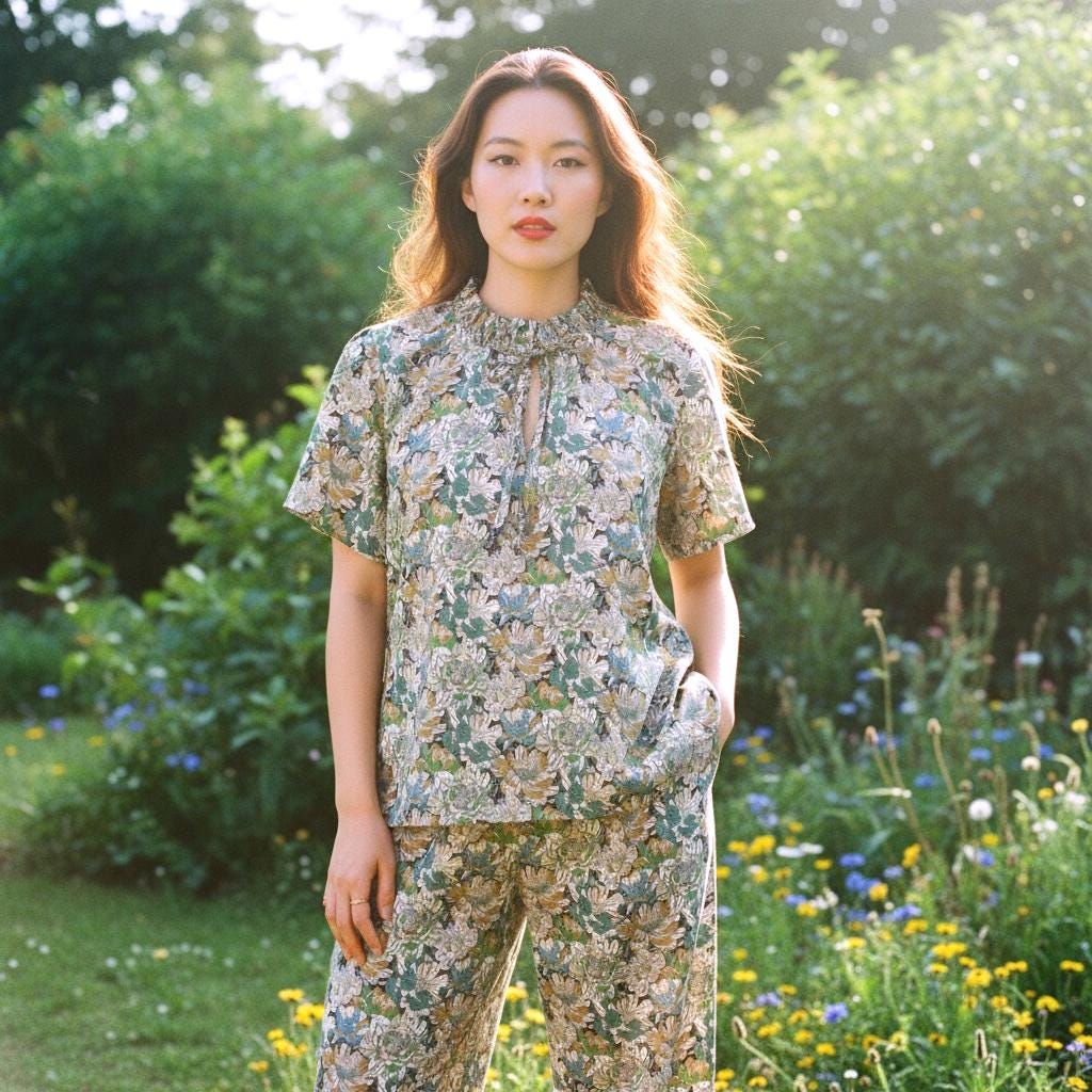 Liberty Floral Print Woman Blouse: Ruffle Collar Top, Short Sleeve Ditsy Botanical Shirt