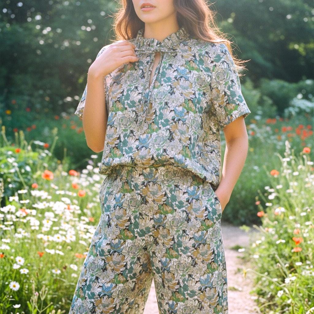 Liberty Floral Print Woman Blouse: Ruffle Collar Top, Short Sleeve Ditsy Botanical Shirt