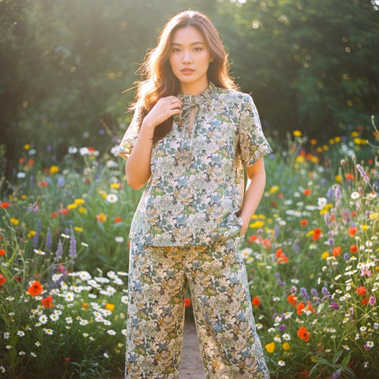 Liberty Floral Print Woman Blouse: Ruffle Collar Top, Short Sleeve Ditsy Botanical Shirt