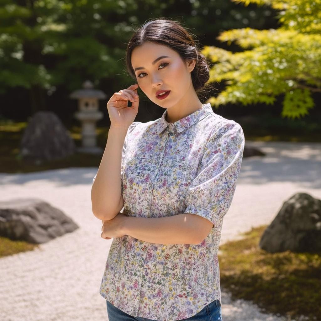 Liberty Floral Print Woman Shirt: Button Through Short Sleeves, Ditsy Botanical Blouse