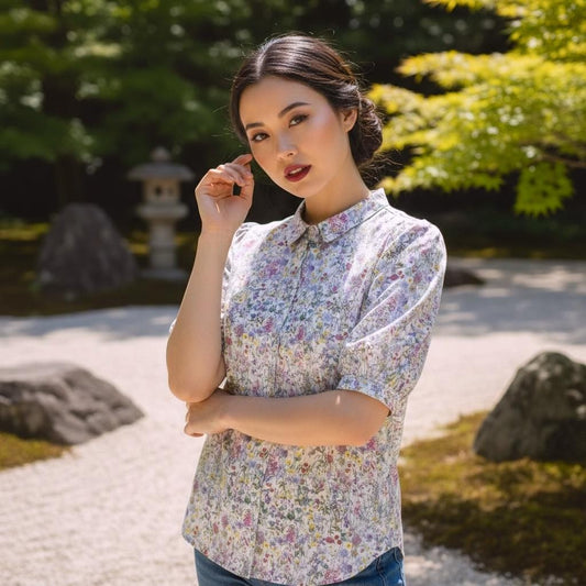 Liberty Floral Print Woman Shirt: Button Through Short Sleeves, Ditsy Botanical Blouse
