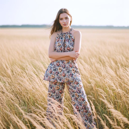 May include: A floral print halter top and matching wide-leg pants. The outfit features a cream background with a pattern of colorful flowers. The model is standing in a field of tall grass.