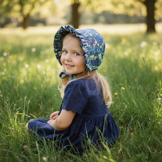 Liberty London Cotton Baby Bonnet, Strawberry Thief Print, Ruffle Brim
