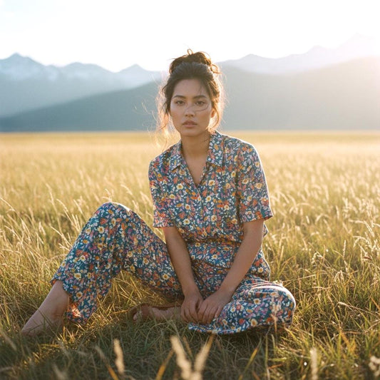 May include: A person wearing a floral print pajama set, sitting in a field of tall grass. The pajama set includes a button-down shirt and matching pants. The fabric has a dark blue background with yellow, orange, and white flowers.