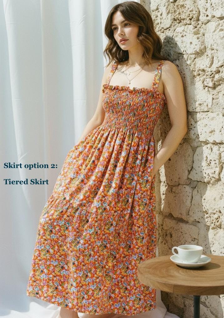 Liberty London Cotton Midi Sun Dress, Shirred Floral Smock, Summer Botanical Print