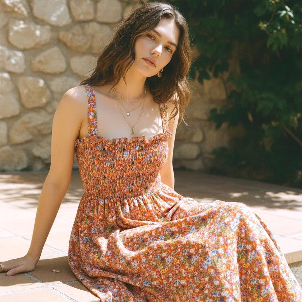 Liberty London Cotton Midi Sun Dress, Shirred Floral Smock, Summer Botanical Print