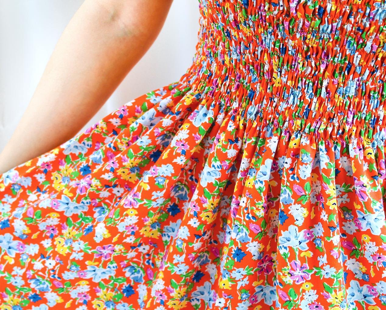 Liberty London Cotton Midi Sun Dress, Shirred Floral Smock, Summer Botanical Print