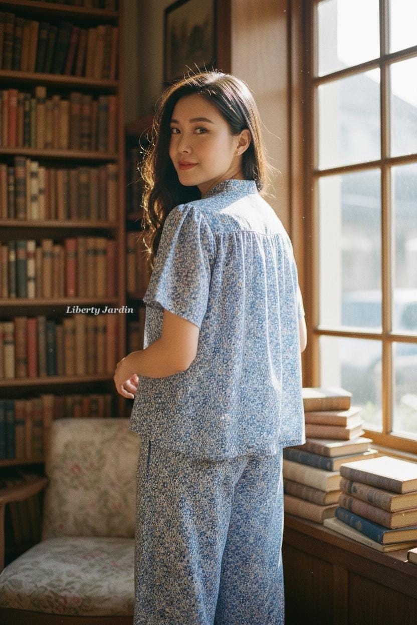 Liberty London Tana Lawn Loungewear Set, Blue Floral Palazzo Pants, Mandarin Collar Blouse