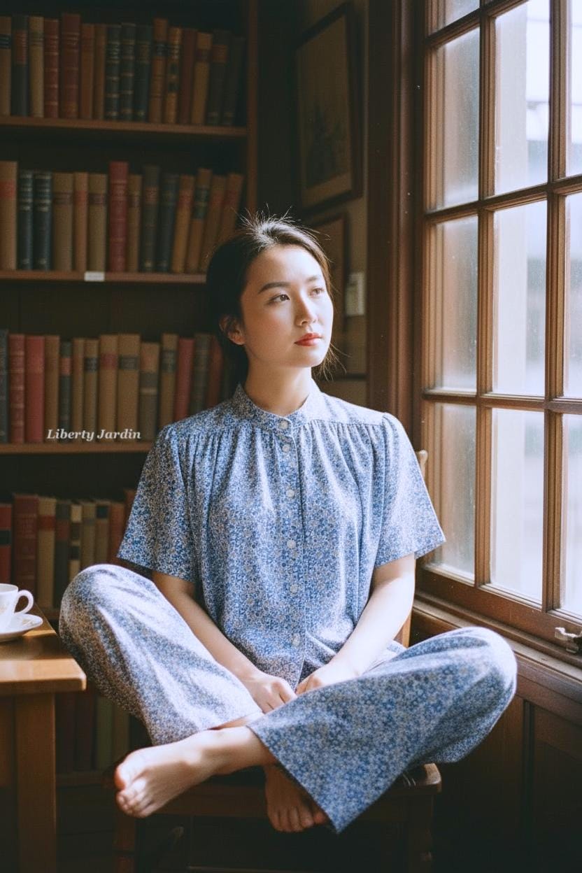 Liberty London Tana Lawn Loungewear Set, Blue Floral Palazzo Pants, Mandarin Collar Blouse