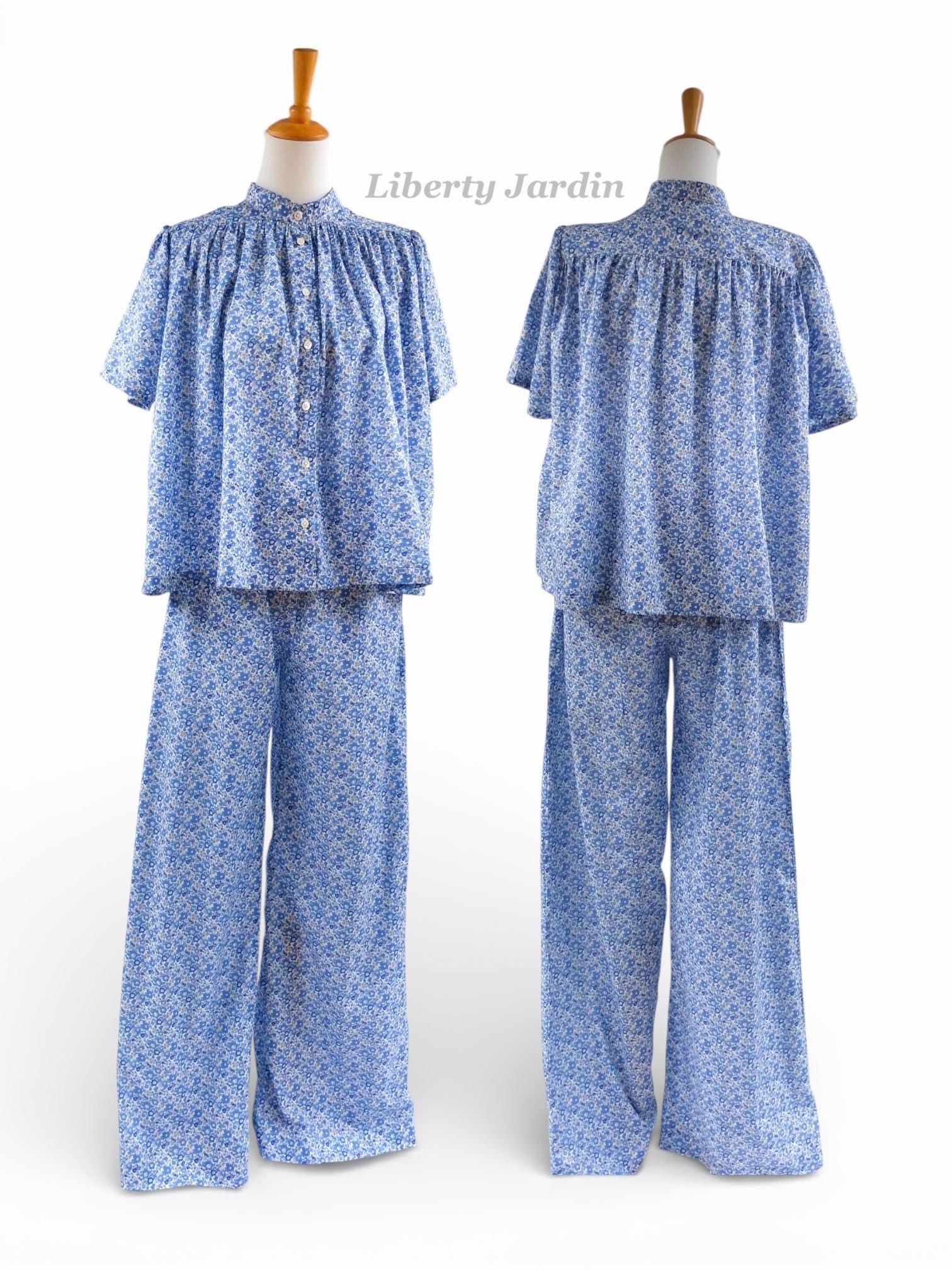 Liberty London Tana Lawn Loungewear Set, Blue Floral Palazzo Pants, Mandarin Collar Blouse