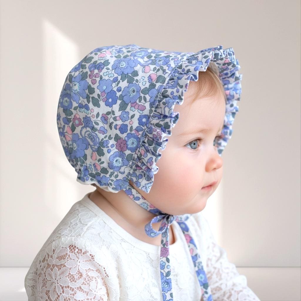Liberty London Floral Baby Bonnet, Ruffle Sun Hat, Tana Lawn Cotton