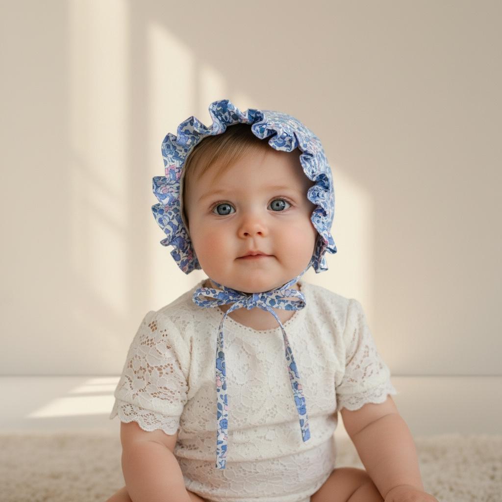 Liberty London Floral Baby Bonnet, Ruffle Sun Hat, Tana Lawn Cotton