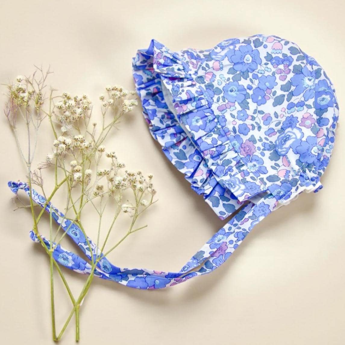Liberty London Floral Baby Bonnet, Ruffle Sun Hat, Tana Lawn Cotton