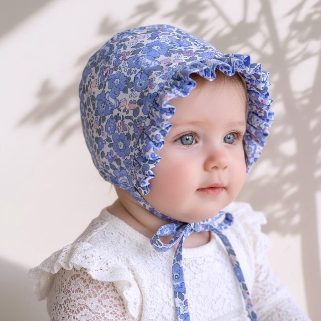 Liberty London Floral Baby Bonnet, Ruffle Sun Hat, Tana Lawn Cotton