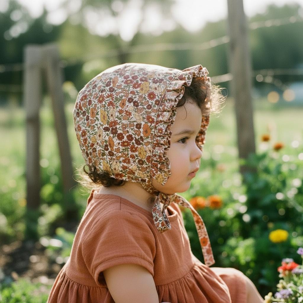 Liberty London Ditsy Floral Print Ruffle Brim Bonnet, Handmade Rust Mustard Cotton Sun Hat