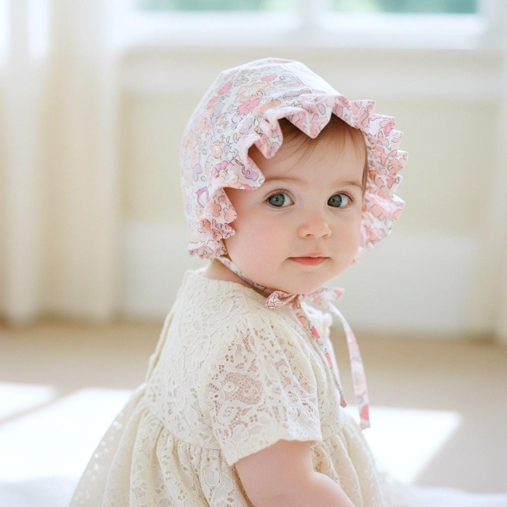 Liberty London Ruffle Bonnet, Pink Butterfly Floral Cotton Sun Hat