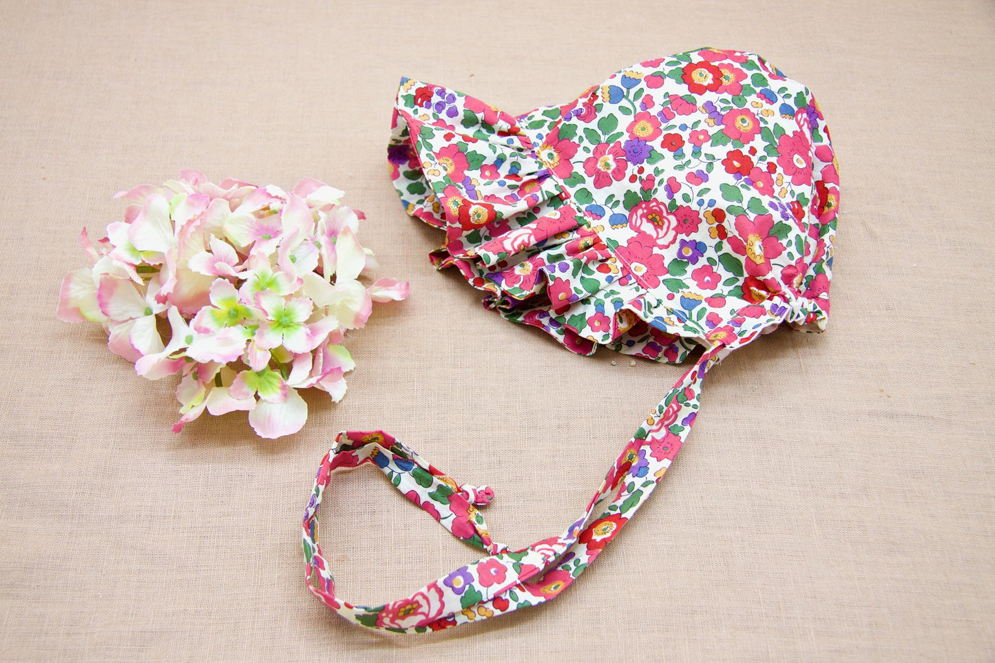 Liberty London Ruffle Bonnet, Pink Betsy Floral Cotton Sun Hat