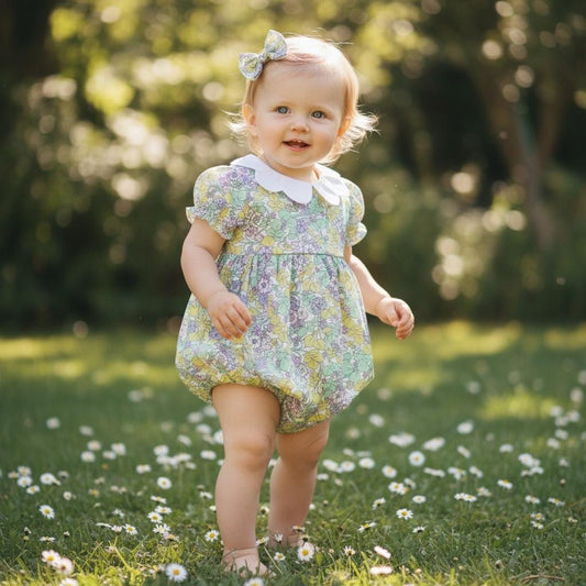 Baby Girl Liberty London Romper, Floral Bubble Onesie, Scallop Collar