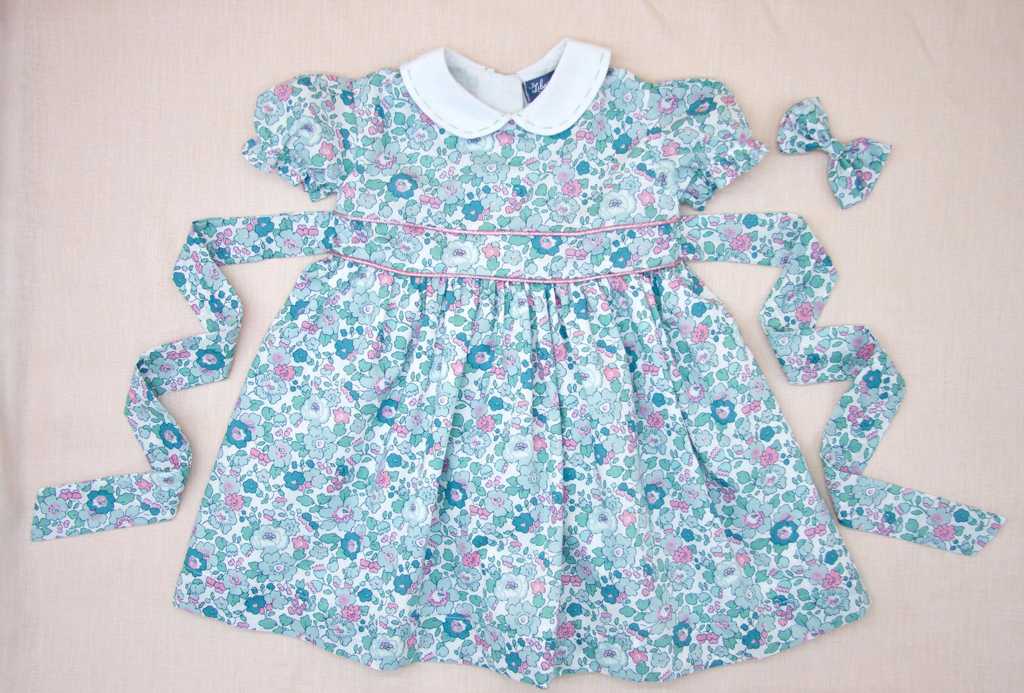 Liberty London Peter Pan Short Sleeves Dress, Heirloom Wedding Flower Girl Gown, Handmade Clothing