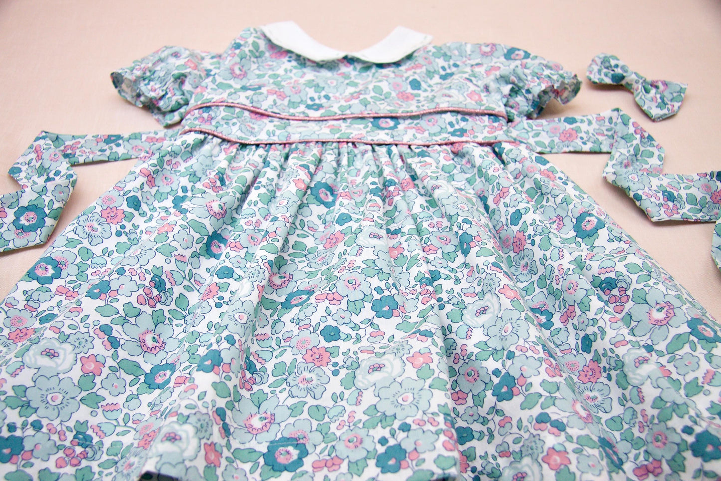 Liberty London Peter Pan Short Sleeves Dress, Heirloom Wedding Flower Girl Gown, Handmade Clothing