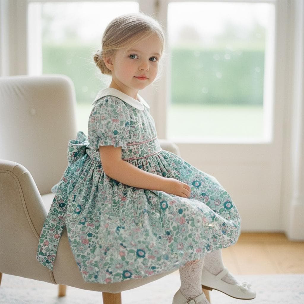 Liberty London Peter Pan Short Sleeves Dress, Heirloom Wedding Flower Girl Gown, Handmade Clothing