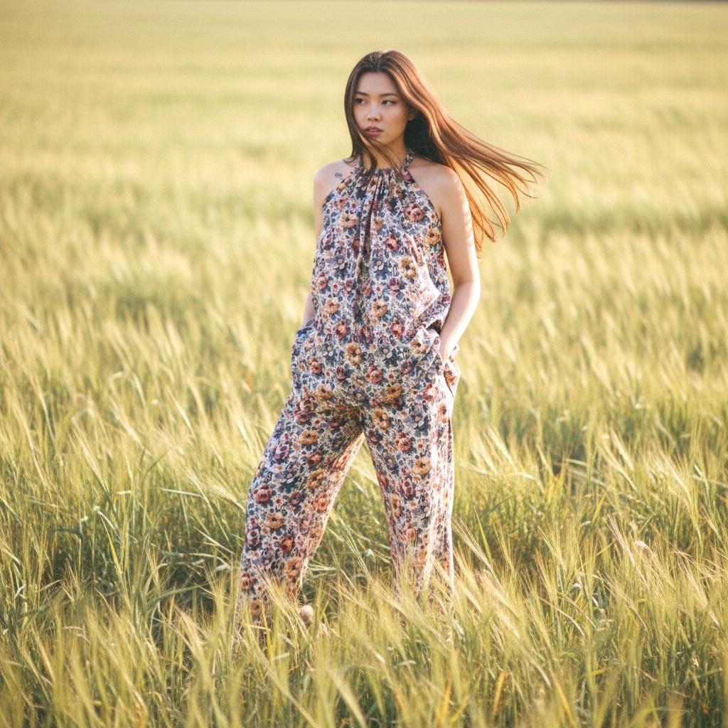 May include: A halter-neck jumpsuit with a floral pattern in shades of orange, yellow, and blue. The jumpsuit has a relaxed fit with pockets and wide legs. The model is standing in a field of tall, golden grass.