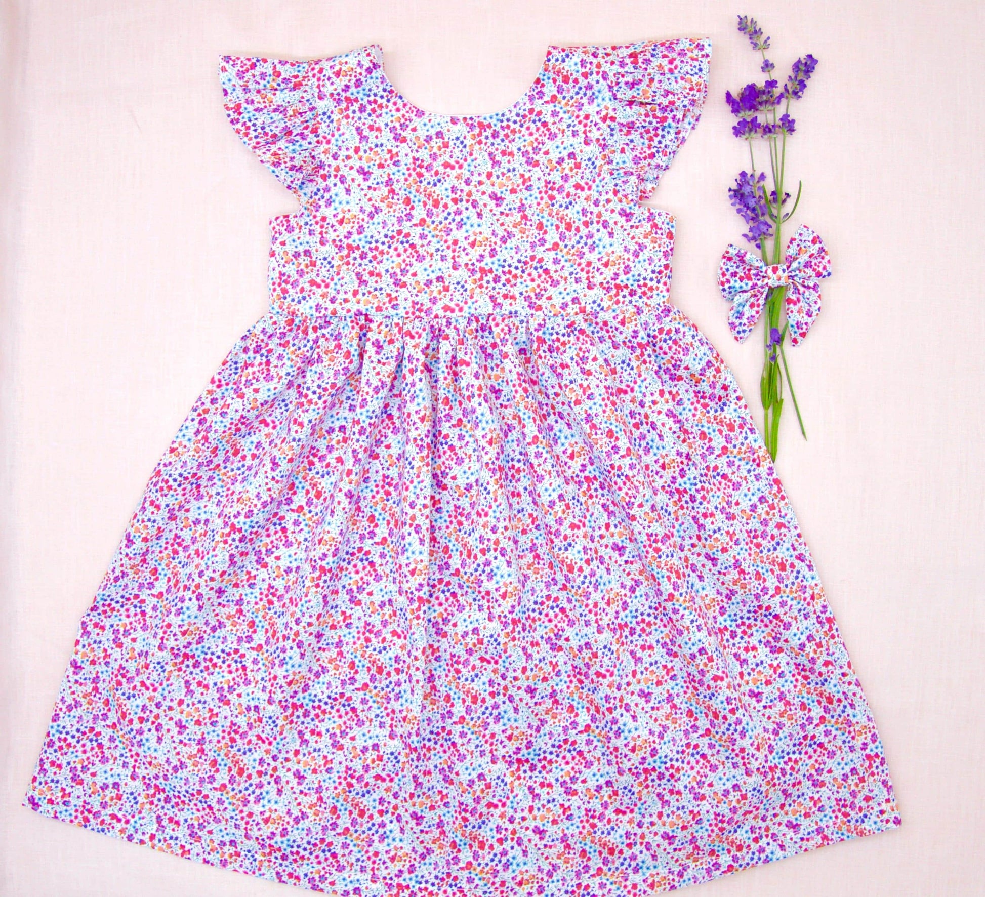Liberty London Floral Print Sun Dress, Ruffle Handmade Cotton Tana Lawn Pink Purple Dress